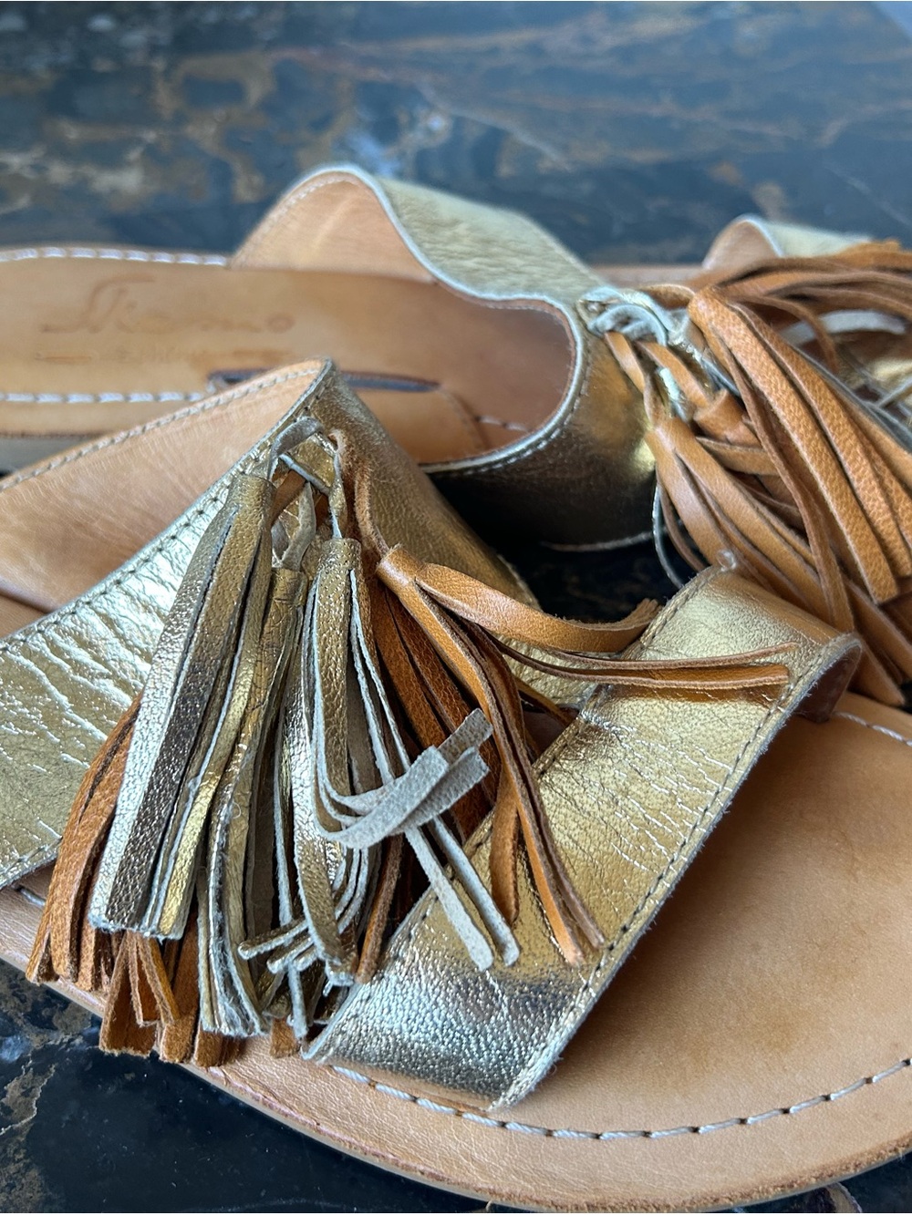 Gold and Tan Tassel Leather Slide Sandals - Women Accessories
